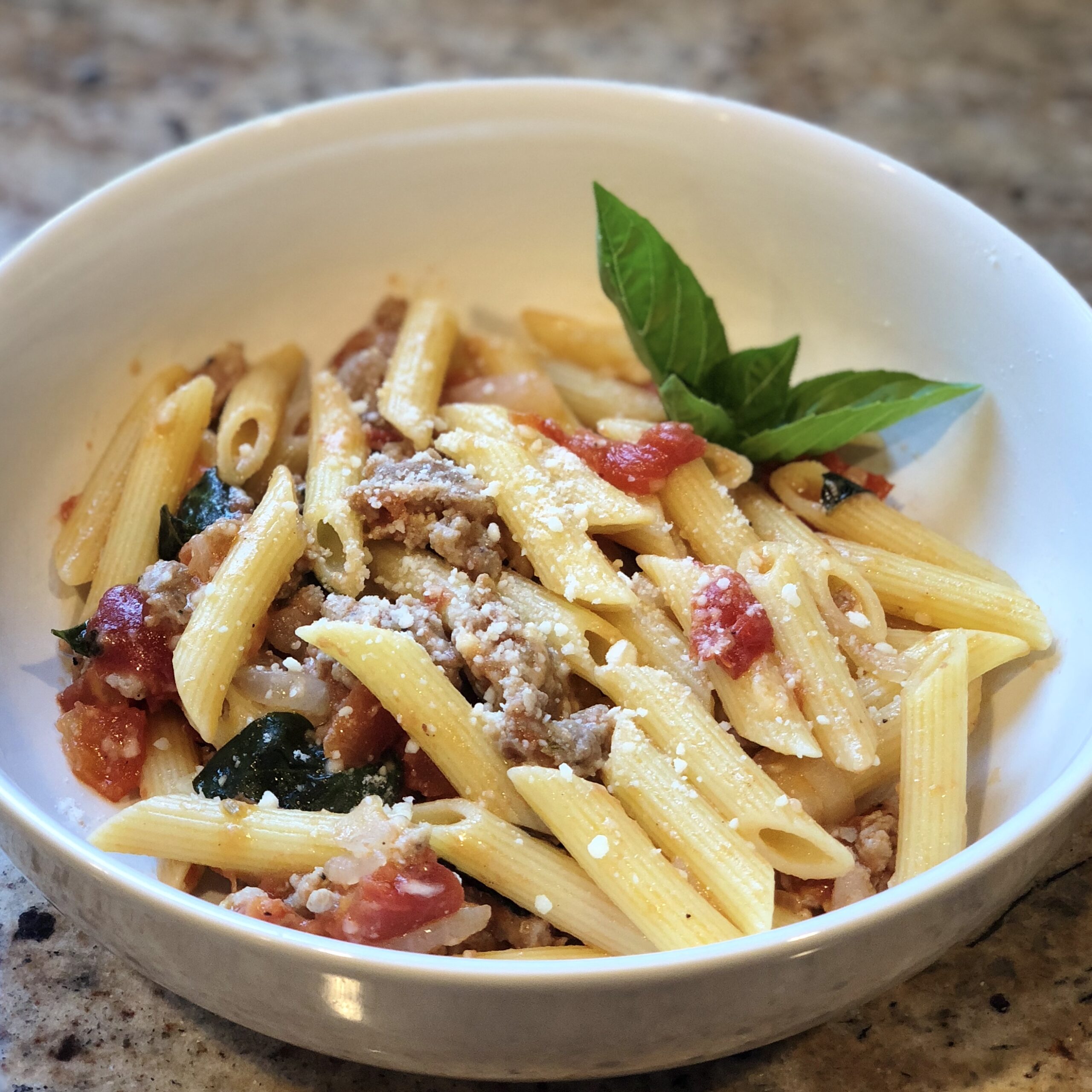 Penne With Basil, Fresh Tomato, and Sausage