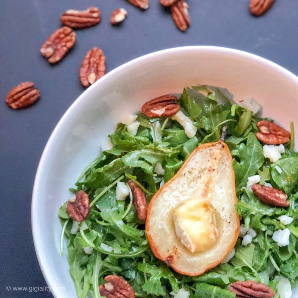 Baked Brie Pear, Arugula, Manchego and Pecan Salad