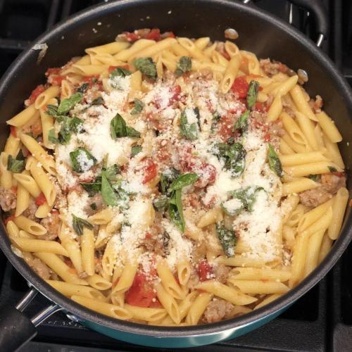 Penne With Basil, Fresh Tomato, and Sausage