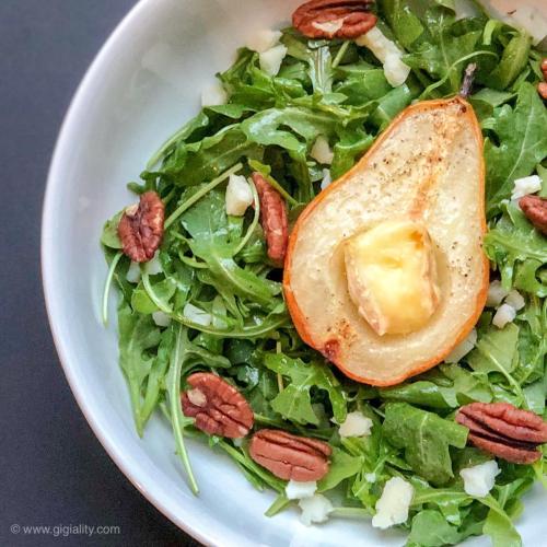 Baked Brie Pear, Arugula, Manchego and Pecan Salad